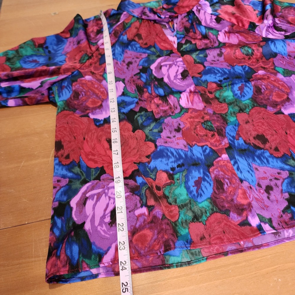 Talbots Twist Neck Satin Charmeuse Blouse‎ Top XL Wrapped Jewel Tone Floral Chic - Picture 8 of 11